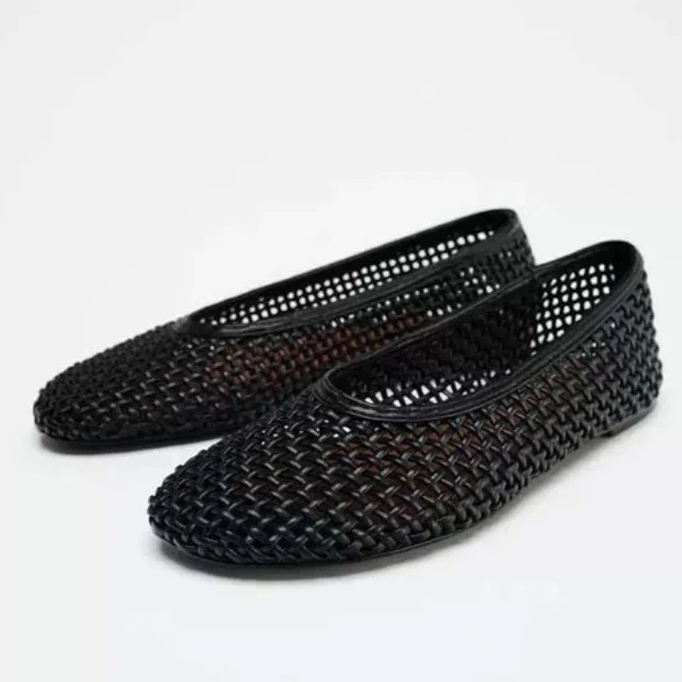 Atmungsaktive, ausgehöhlte Mesh-Ballerinas für Damen, modische, gewebte schwarze flache Schuhe, Slip-On-Schuhe mit weicher Sohle, lässige Ballerina-Schuhe für den Alltag