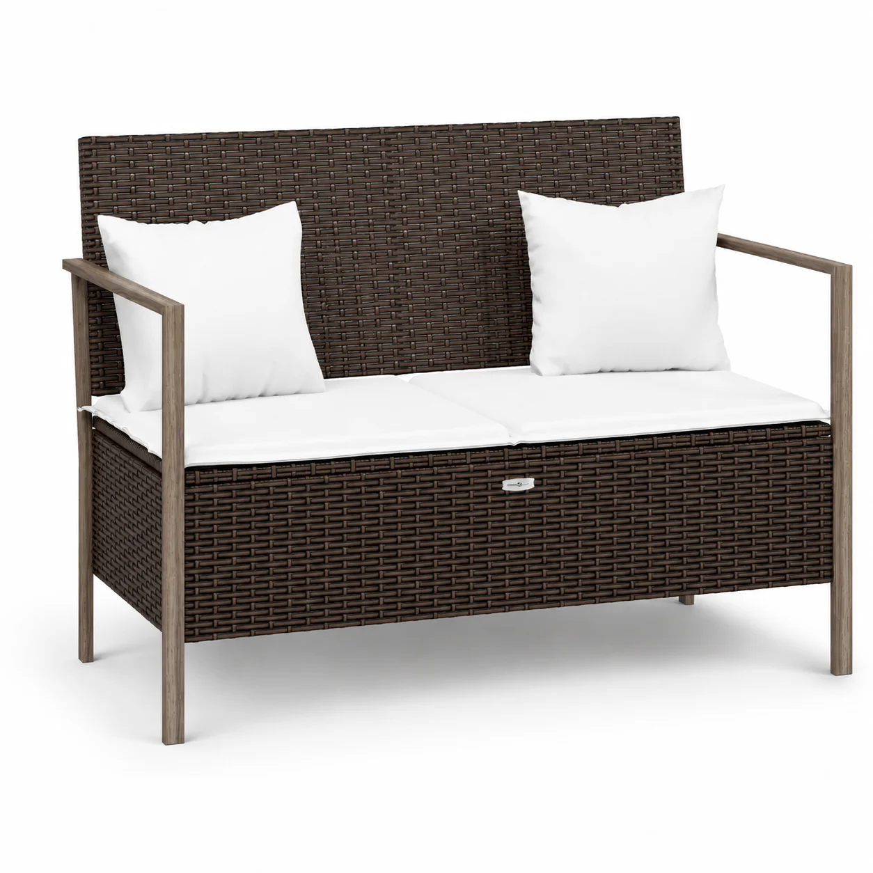 2-Sitzer Gartenbank mit Kissen, braune Polyrattan-Außenbank, wetterfeste Terrassenbank mit Stauraum, bequeme Rückenlehne und Armlehnen für Garten, Balkon, Terrasse