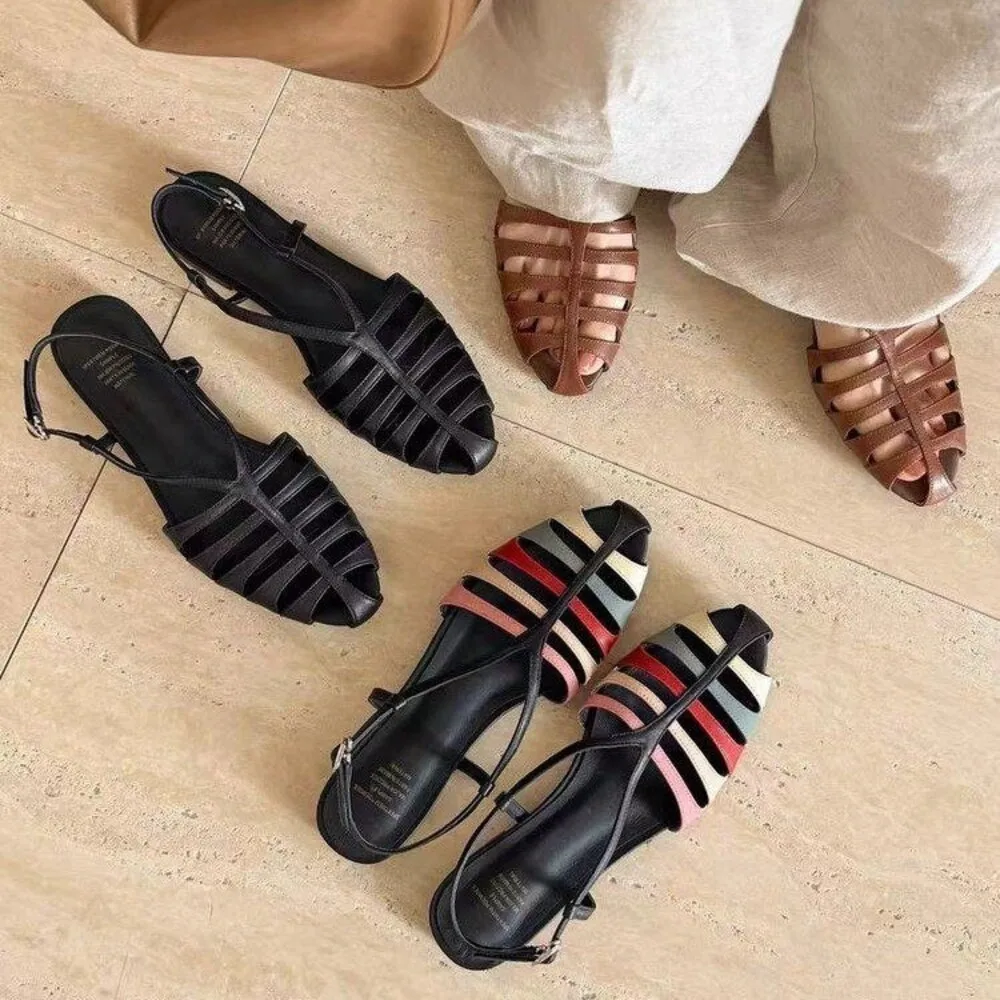 2026 Neue Echtleder-Sandalen für Damen, Mehrfarbige Flache Sandalen, Sommer-Mode Party-Kleid-Schuhe mit Schnalle, Große Größen 34-41