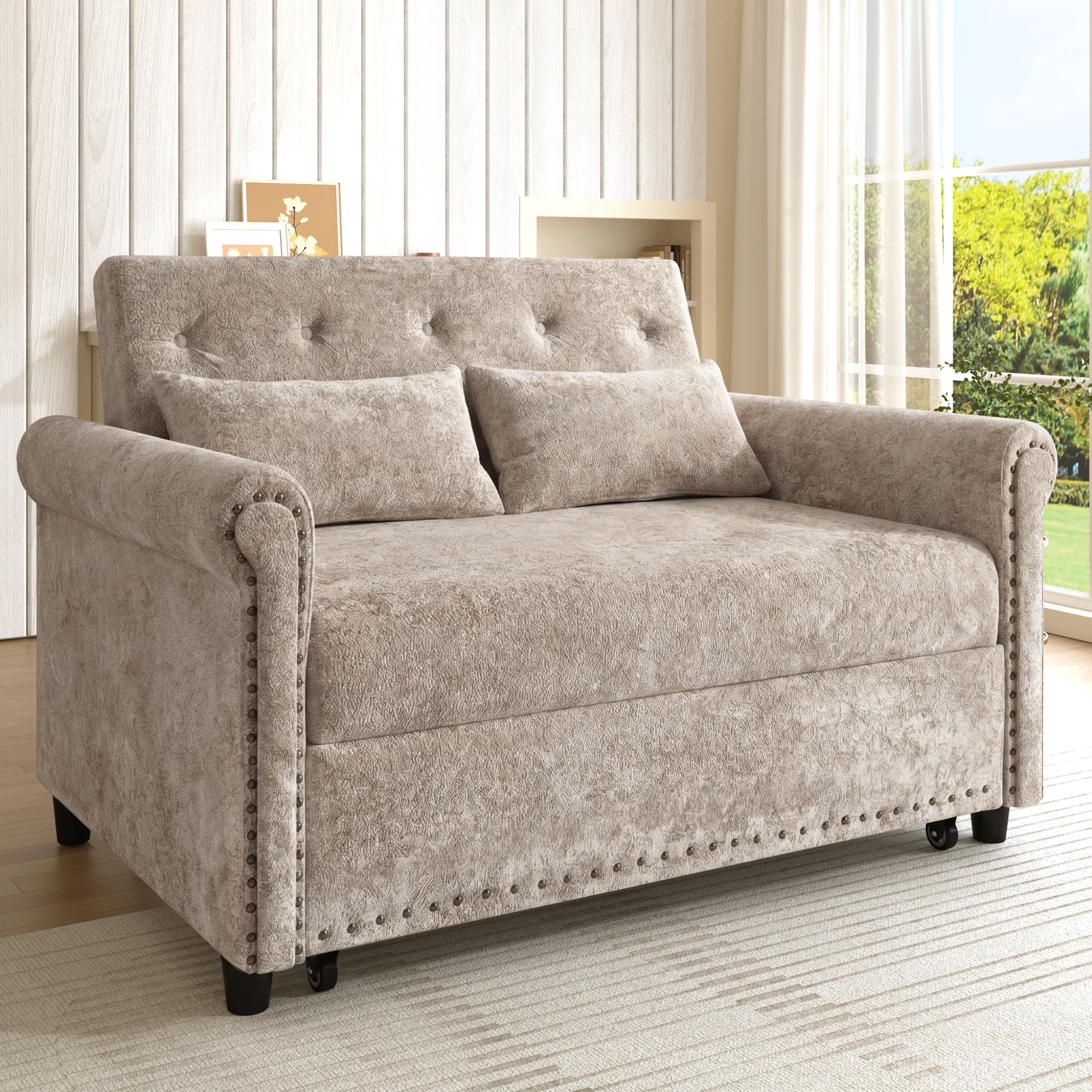 3‑in‑1 Schlafsofa mit Schlaffunktion, 2‑Sitzer Klappsofa mit 3‑fach verstellbarer Rückenlehne, ausziehbares Gästebett aus Chenille‑Stoff, inkl. 2 Kissen – Braun‑Grau Image