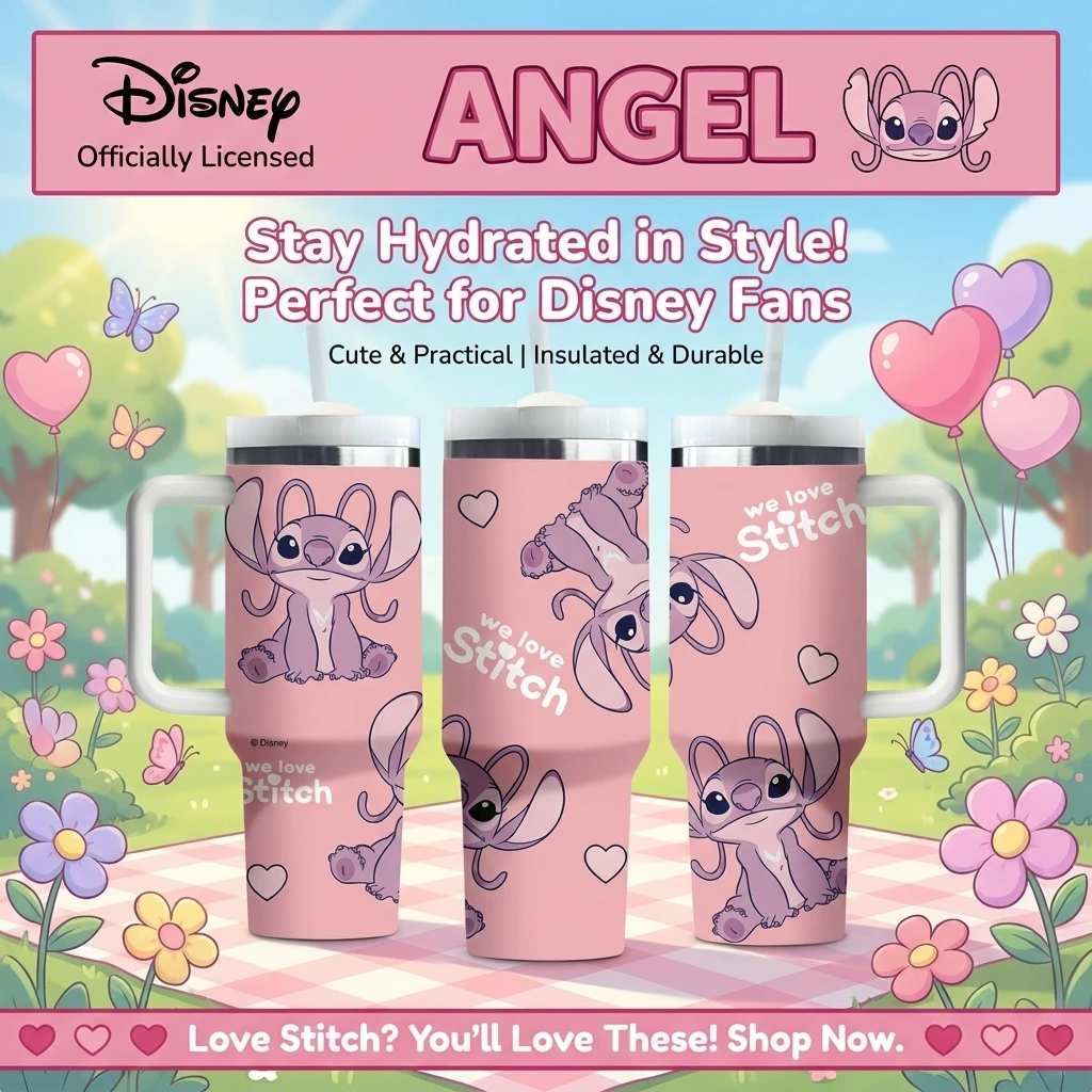 1 Stück 40oz Disney "We Love Stitch" Angel Isolierter Edelstahl-Becher mit Griff & Strohhalm für Heiß- & Kaltgetränke Reisegeschenk Image