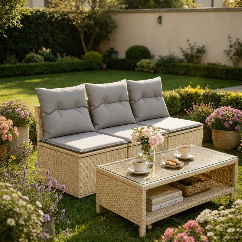 Gartenstuhl, Terrassenstuhl, Sitzgelegenheit ohne Armlehnen, Beige Kissen, Poly-Rattan-Material, Klassischer Freizeitstil, Robuster Rahmen, Angenehmes Sitzgefühl, Leicht zu reinigen, Ideal für Hof,