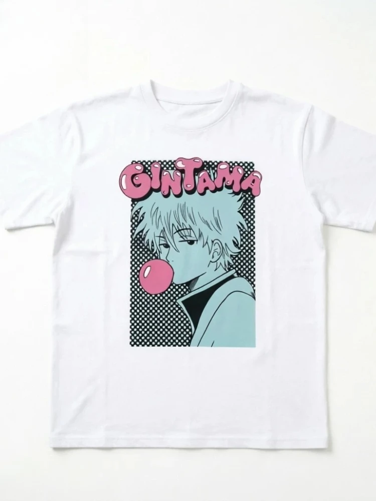 Trendiges Sakata Gintoki Bubblegum Accent & „GINTAMA“ Logo Oversized T-Shirt – Weißes Baumwoll-Oberteil für den Alltag Image