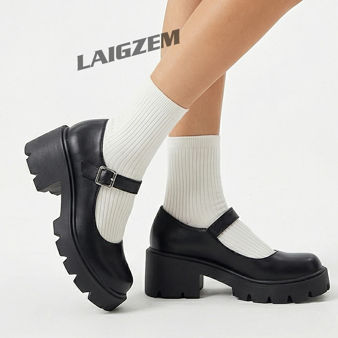 LAIGZEM Damen Pumps mit runder Zehenpartie, Mary Janes, Schnallenriemen, 6 cm dicke Absätze, bequeme handgefertigte Damenschuhe, große Größen 34 38 44