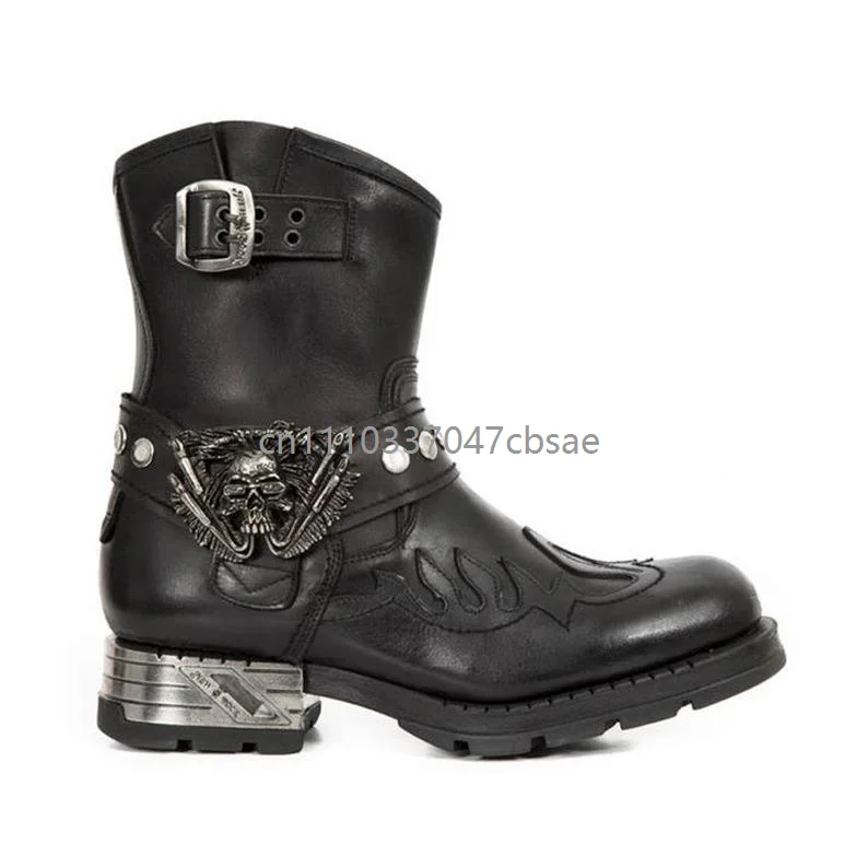 Modische Schwarze PU-Leder Stiefel mit Totenkopf-Nieten Schnallenverschluss Herren Punk Biker Schuhe Western Cowboy Stil Motorrad Halbstiefel