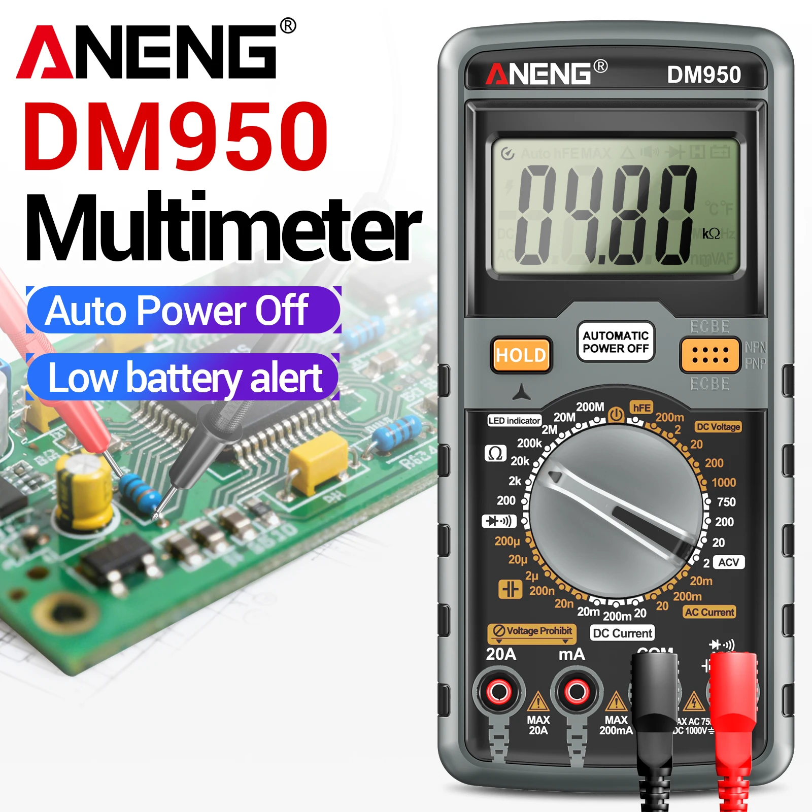 ANENG DM950 Digitales Multimeter 1999 Messungen 1000V DC 750V AC 20A Strom Widerstand Kapazität Diode Durchgangsprüfung Elektrisches Werkzeug Image
