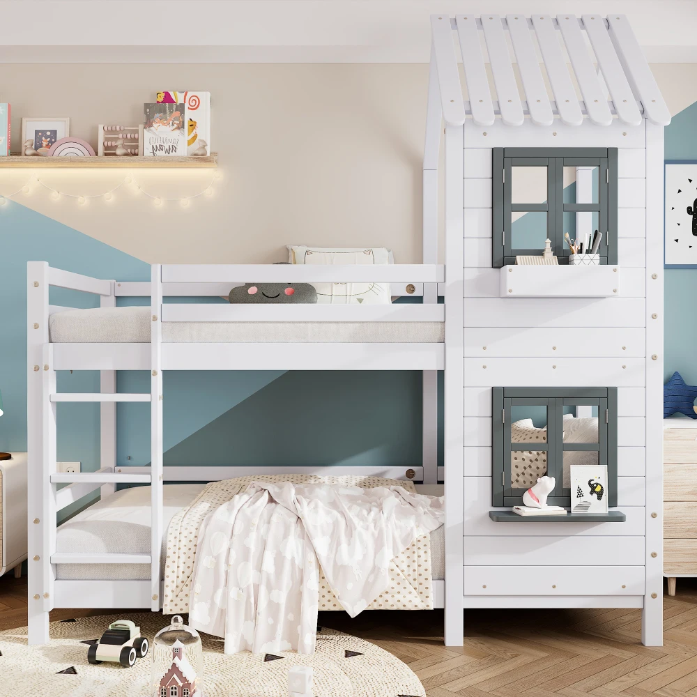 Hausförmiges Kinder-Etagenbett 90x200cm mit Handlauf und Fensterdesign, vollständiger Absturzsicherung, Rahmen aus massivem Kiefernholz, weiß, stabil, sicheres Schlafmöbel für Kinderzimmer, Image