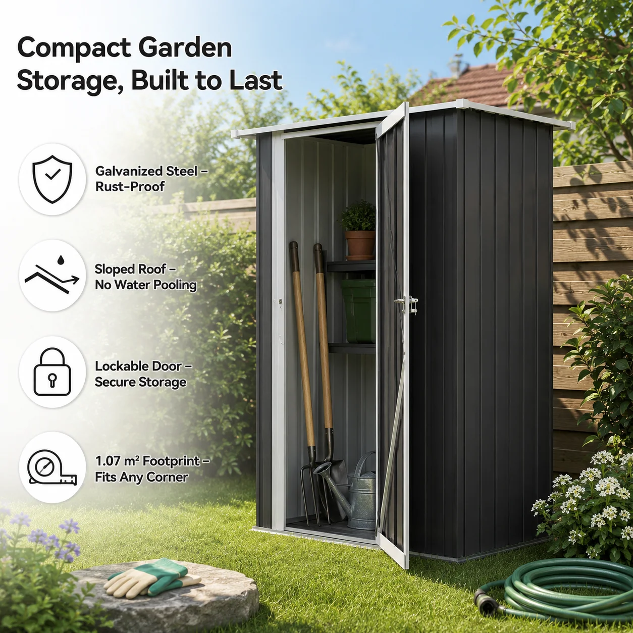 Abri de jardin en métal 1,07 m², 142 x 86 x 189 cm, abri à outils verrouillable avec toit incliné, rangement extérieur résistant aux intempéries pour jardin, outils et équipements de jardin, gris