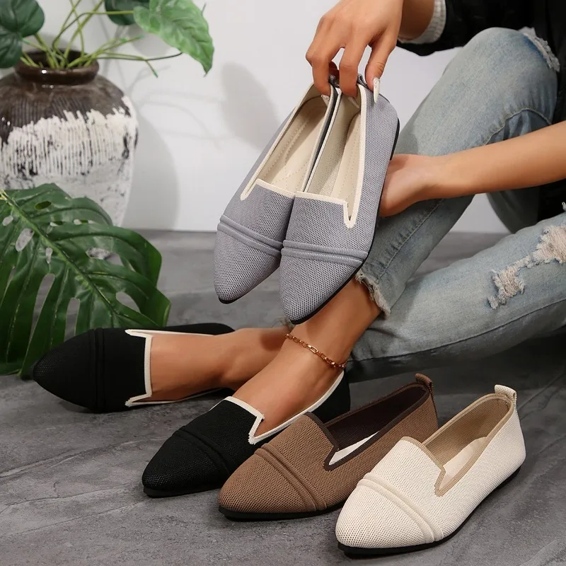 Flache Schuhe für Damen, Sommer, neue Mode, gestrickt, atmungsaktiv, einzelne Schuhe, lässig, bequem, spitze flache Damenschuhe, große Größe 43
