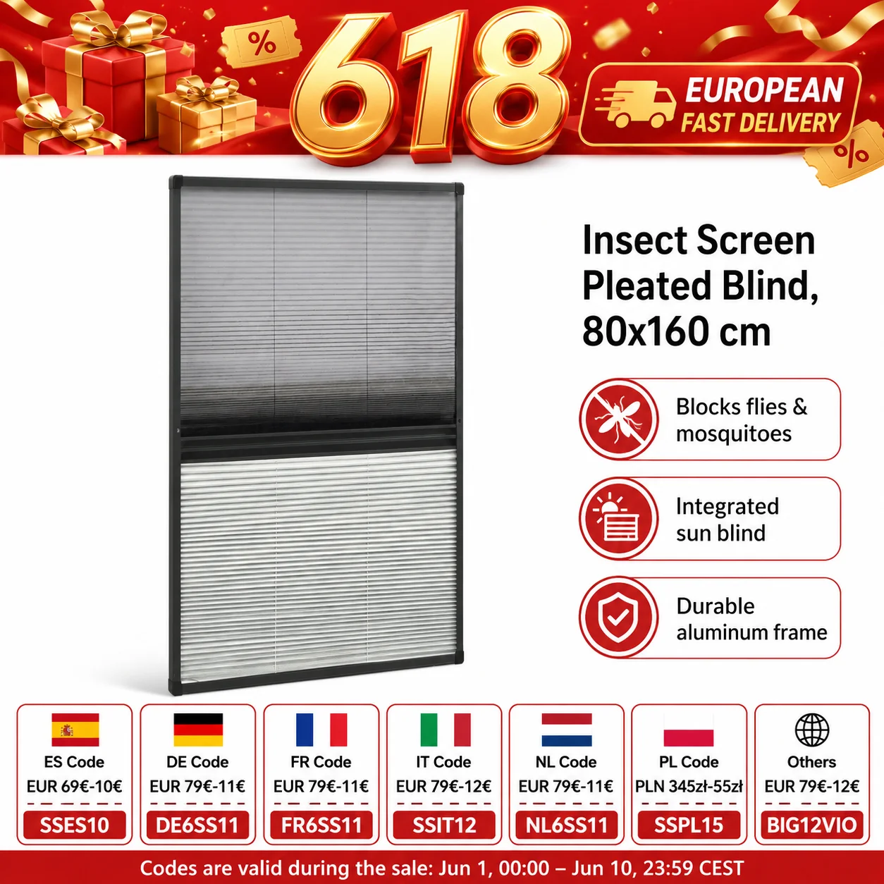 Insektenschutz-Plissee für Fenster, Aluminiumrahmen 80x160 cm mit Rolladen, Schutz vor Fliegen, Mücken, Bienen und Wespen, Sonnenlichtblockierendes PET-rollo, einfache Installation, für Dachfenster