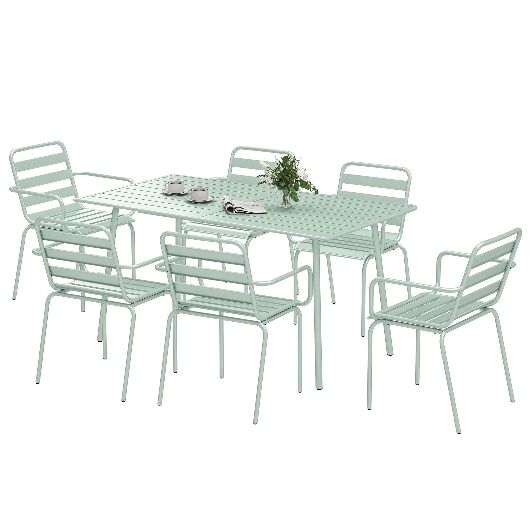 Garten-Essgruppe 7-teilig mit 1 Tisch und 6 Stapelbaren Hellgrünen Stahlstühlen