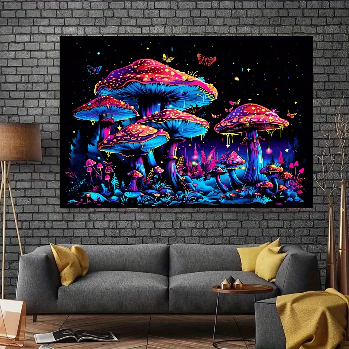 VIKAMA Psychedelischer Pilzwald-Wandteppich im Neon-Stil, Schlafzimmer-Atmosphäre, Hängedekoration, Raumdekoration, Heimdekoration Image