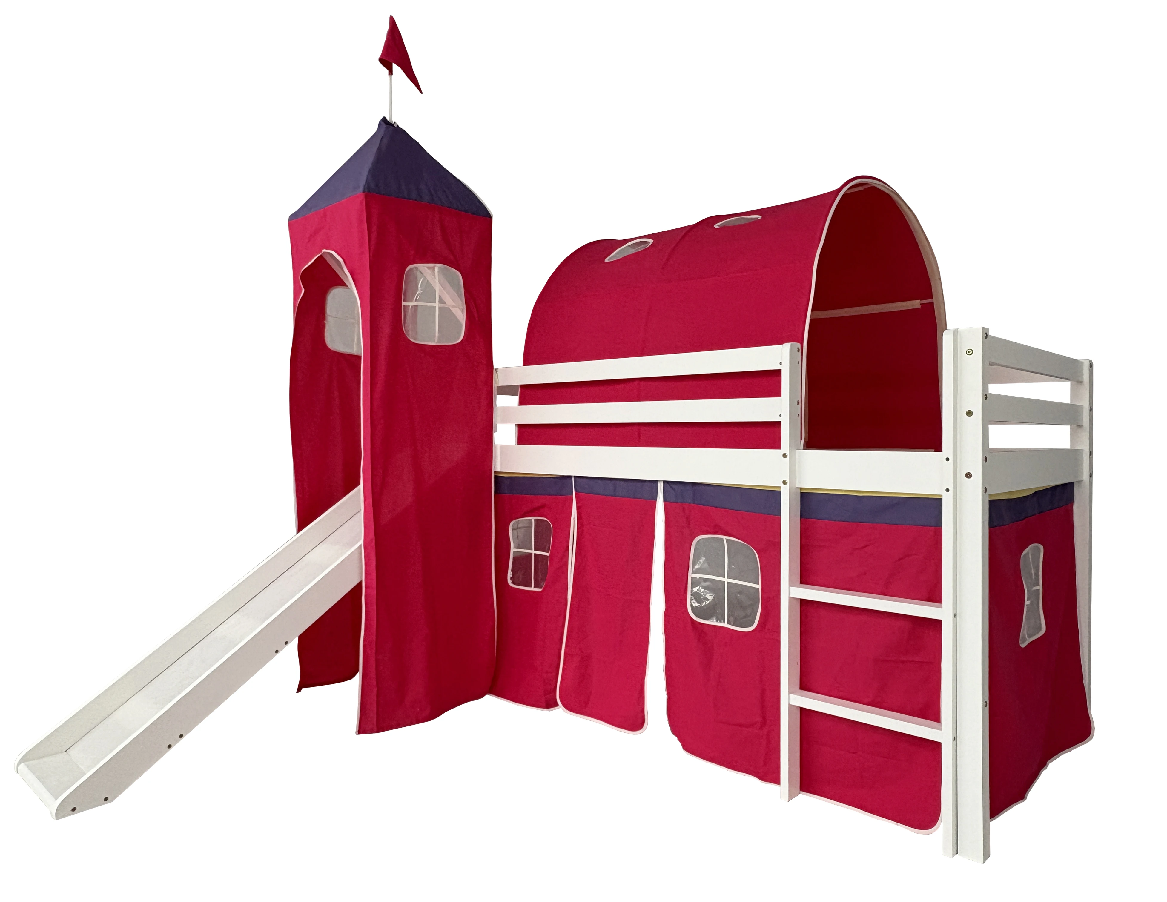 Kinder Hochbett mit Rutsche und Zelt 90x190 cm (ohne Matratze), weisses Kiefernholz, Spielbett mit Leiter und Baumwollzelt im Schlossdesign