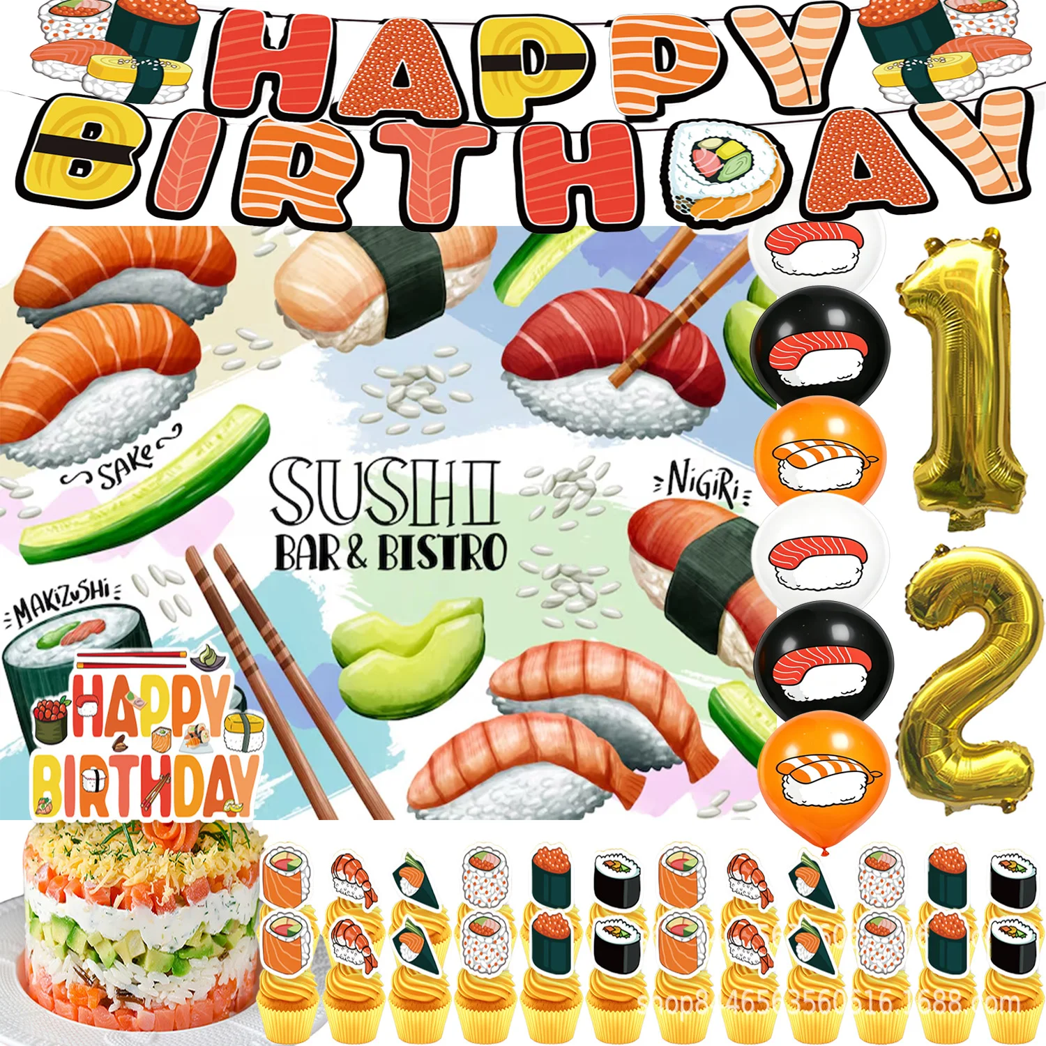 Sushi-Themen Geburtstagsparty-Dekorationen Sushi-Banner Kuchen-Cupcake-Topper Japanische Lebensmittel-Hintergrundkulisse für Kindergeburtstage Image