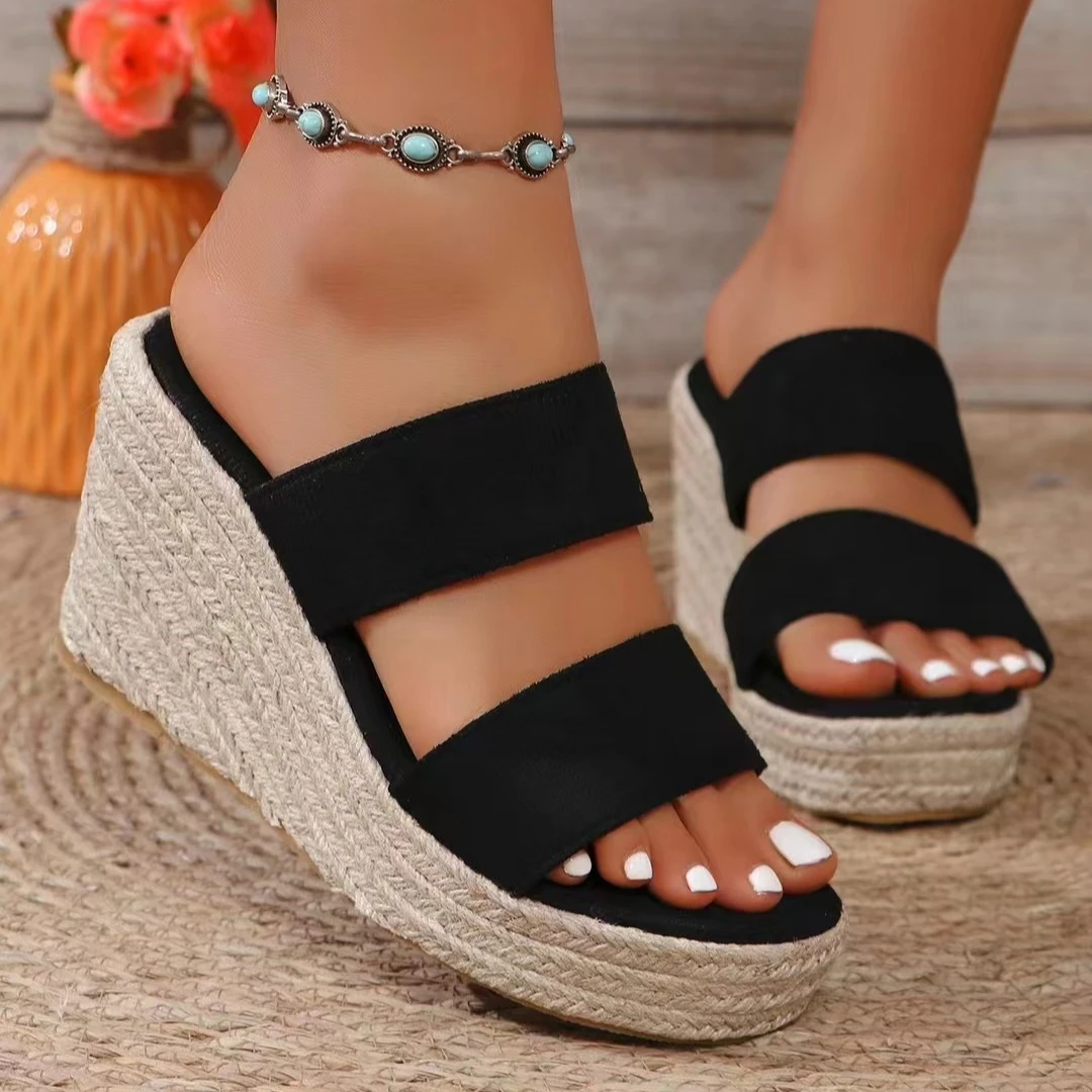 Große Größe Römischer Stil Damen-Sandalen Offene Zehen Strand-Pantoletten Sommer-Keilabsatz Bequeme Outdoor-Slip-On-Schuhe für Frauen