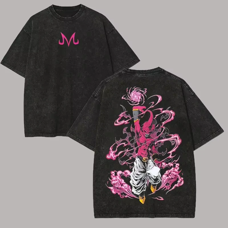 2026 Neues Heißes Sommer Kid Buu T-Shirt Dragon Ball Vintage Acid Wash Übergroßes Baumwoll-Majin-M-Logo Rosa Grafik Doppelseitiges T-Shirt