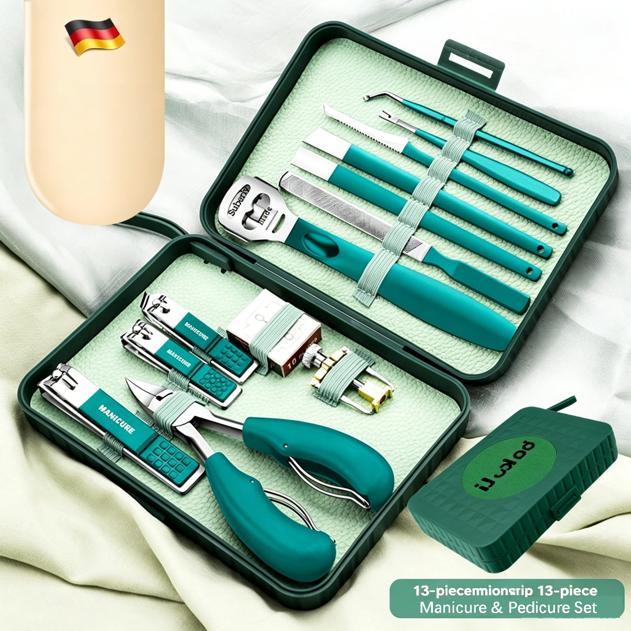 Maniküre-Pediküre-Set, Scharfe Edelstahl-Pflegewerkzeuge für Nagel- und Fußpflege, Grünes Tragbares Hartschalen-Nagelpflegeset Image