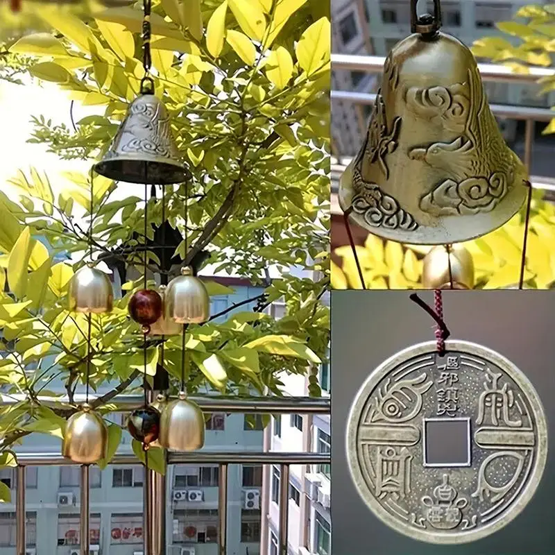 ●6 Copper Bells Outdoor Metal Wind Chimes - Decorative Hanging Ornament For Yard & Garden, Ideal For Home Outdoor Decorati