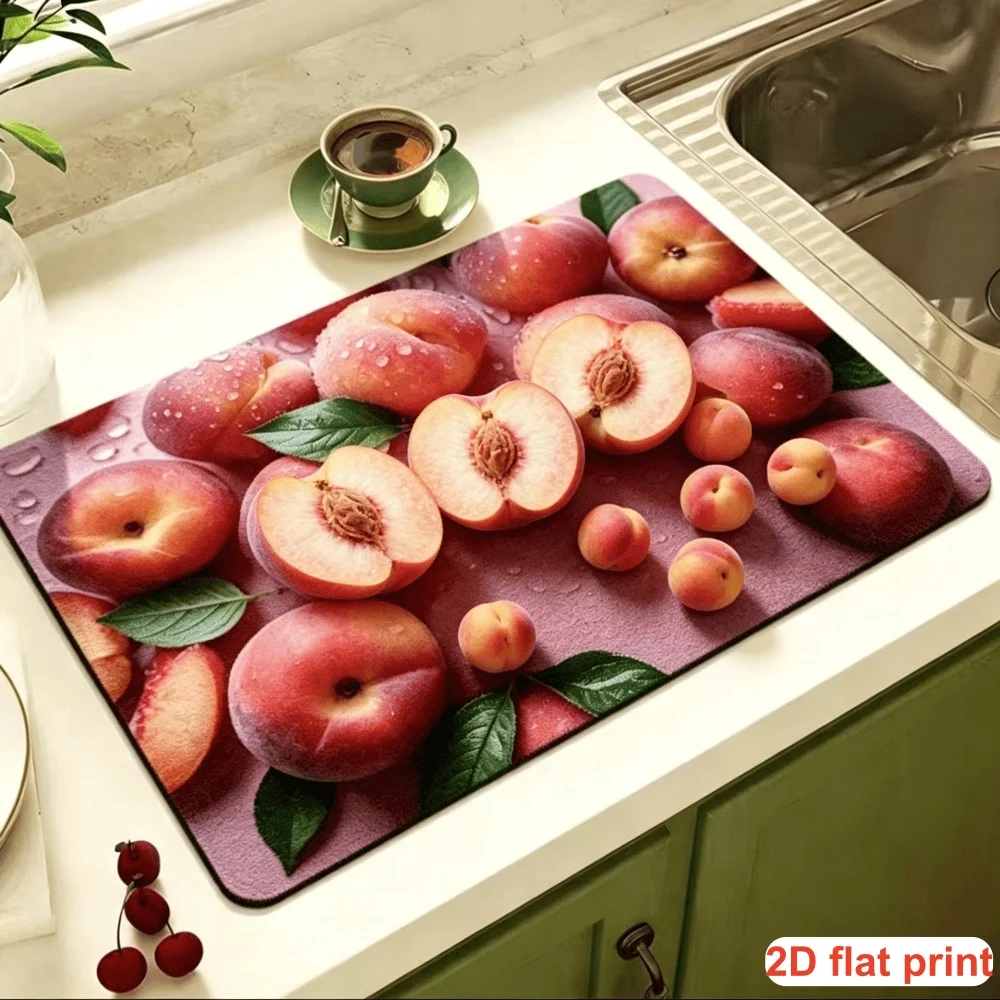 Aquarell-Pfirsich Geschirr-Abtropfmatte Rutschfeste Saugfähige Schnelltrocknende Küchenspülenmatte Süßes Fruchtmuster Waschbare Abtropfunterlage Image