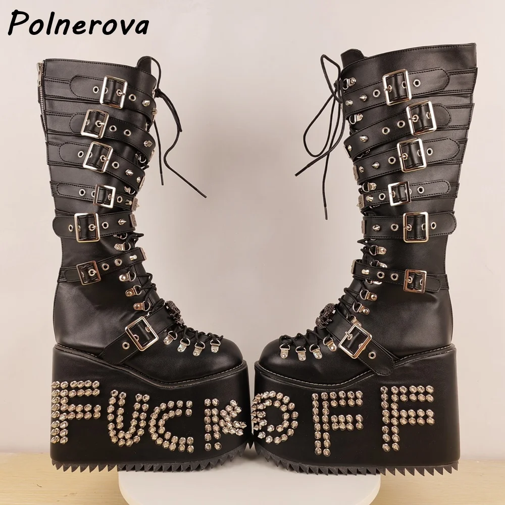 Nieten dicke Sohlen Leder lange Stiefel Plattform dicke Sohlen Kreuz gebunden Schnürung Reißverschluss Schuhe Metall Punk schwarz solide Winterschuhe
