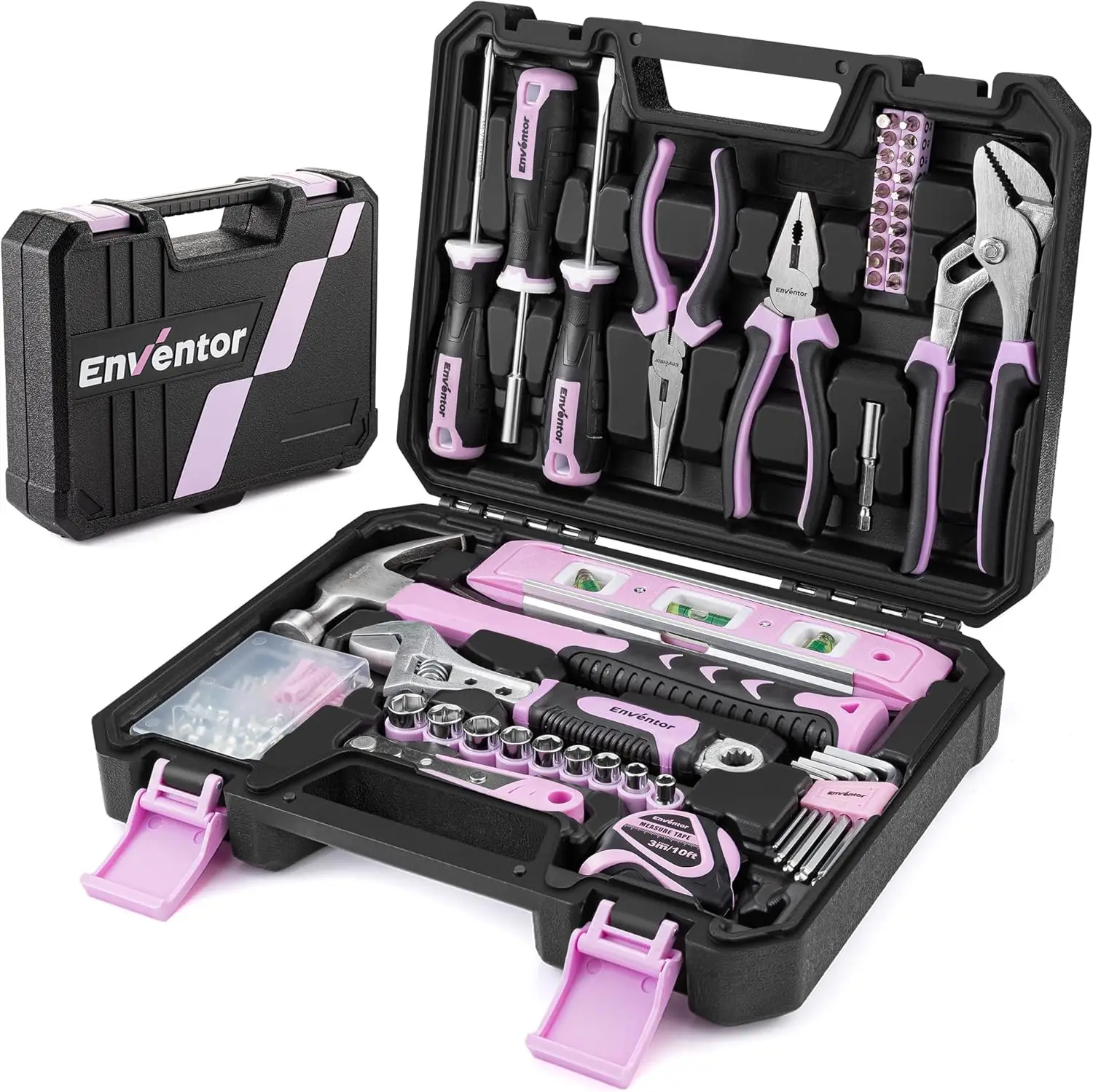 ENVENTOR Petite boîte à outils pour femmes, ensemble d'outils ménagers, boîte à outils rose, universelle, complète avec outils à main, boîte à outils équipée de 158 pièces, pour le bricolage