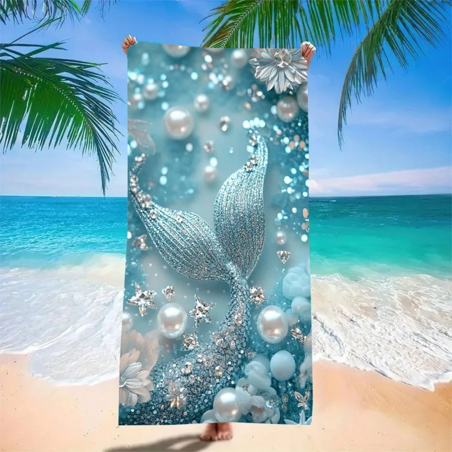 Meerjungfrauenschwanz-Mikrofaser-Strandtuch - Schnelltrocknende, weiche, sandfreie Decke mit Perlen- und Kristall-Seestern-Design für Pool und Urlaub Image