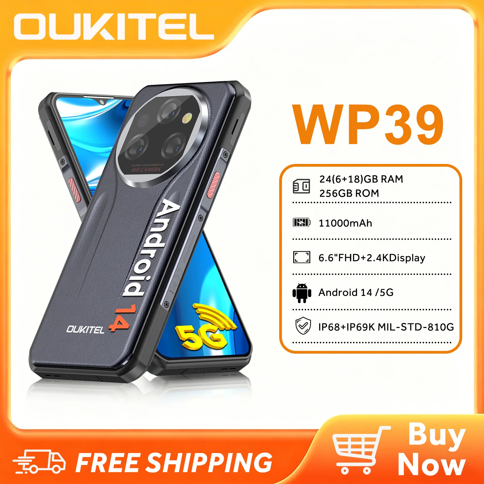 OUKITEL WP39 Robustes 5G-Handy, 24GB+256GB Mobiltelefon, 6,6 Zoll FHD+ Android 14 Smartphone, 11000mAh Akku, Entsperrtes Outdoor-Smartphone