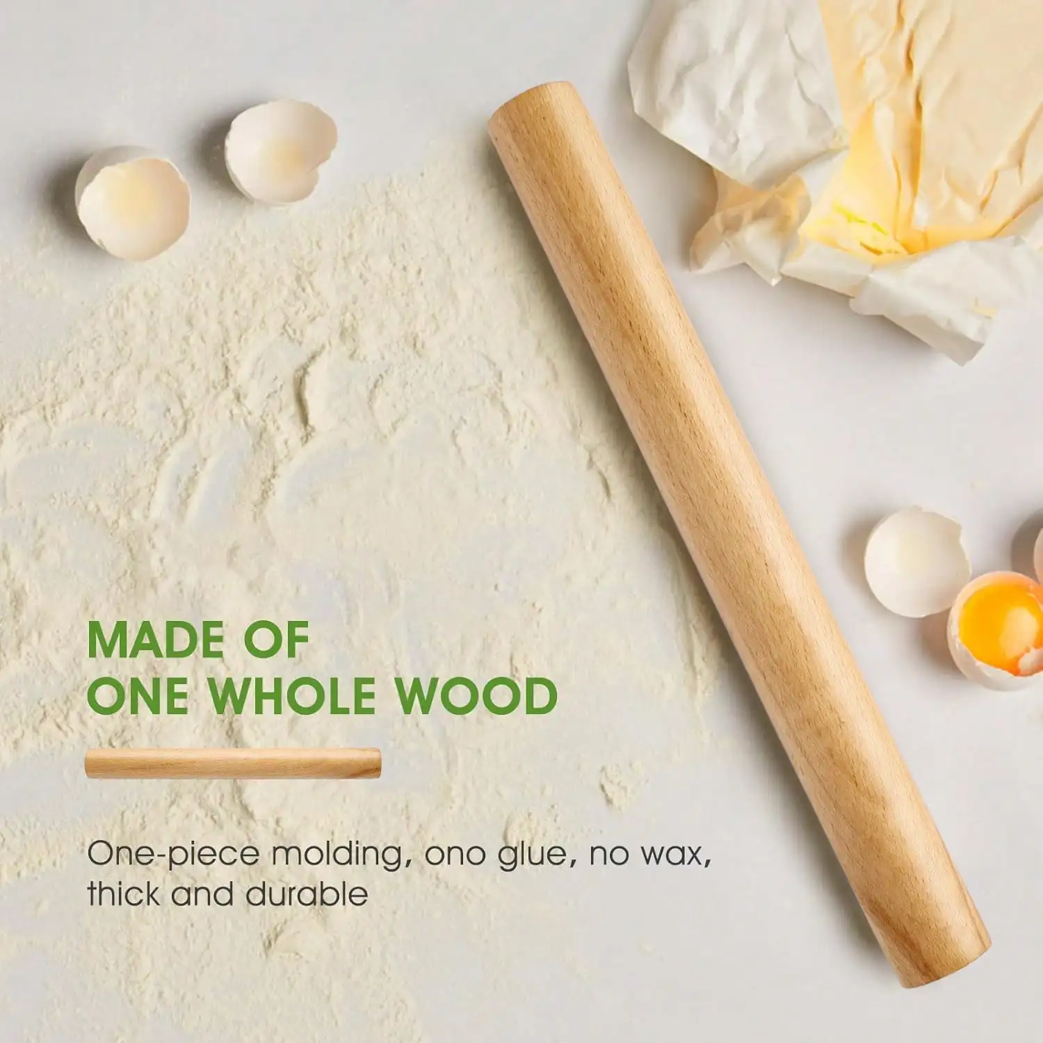 Professionelle Buchenholz-Teigrolle – glattes, antihaftbeschichtetes Design, ohne Griff, geeignet zum Backen von Pizza/Kuchen/Keksen/Knödelteig. Image