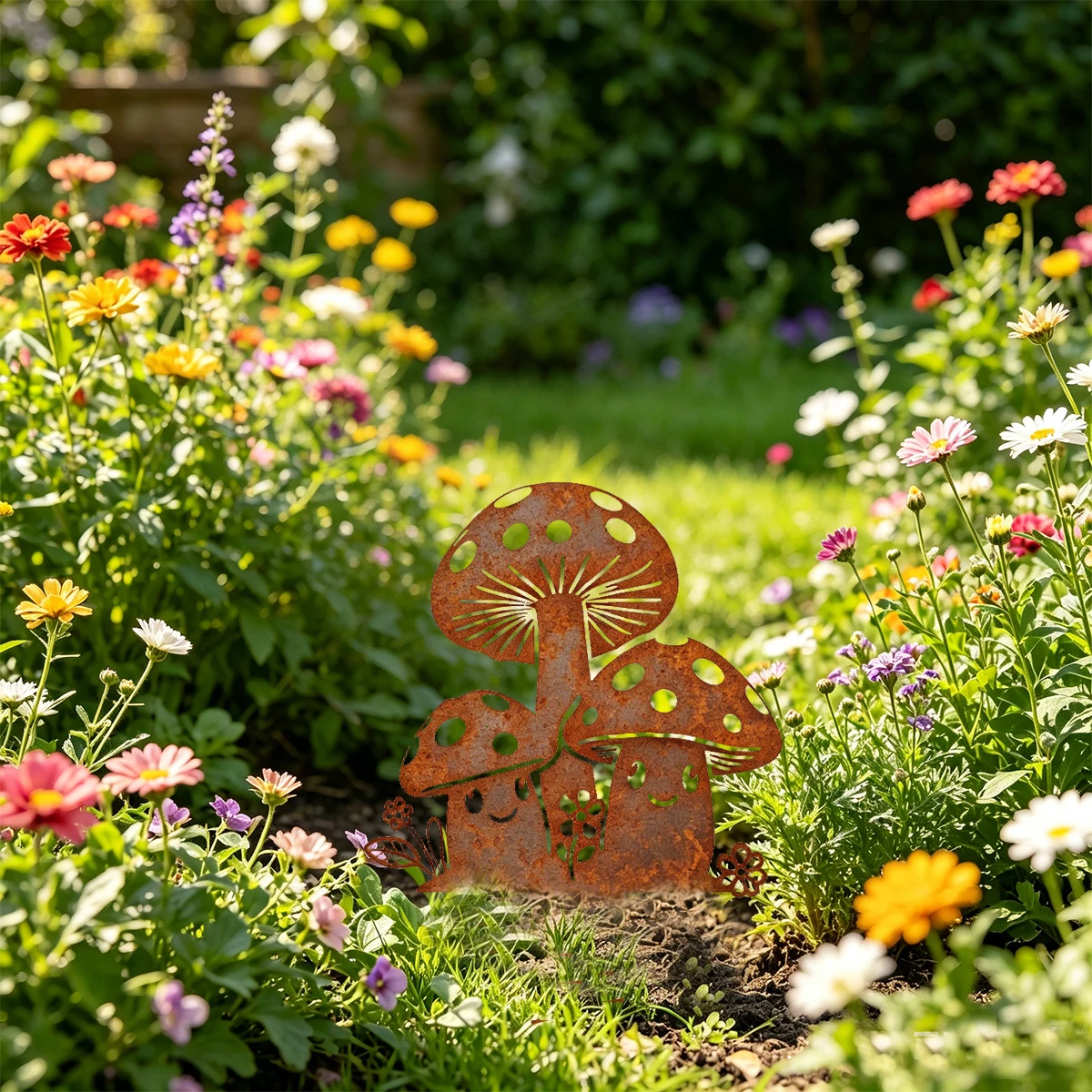 1 piquet décoratif de jardin en fer forgé, panneau décoratif de jardin en forme de champignon de dessin animé, silhouette en forme de champignon, adapté aux pelouses extérieures, aux jardins de cour,