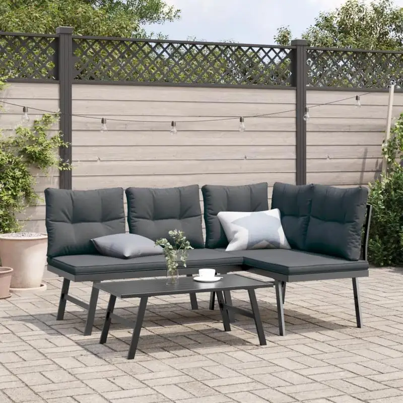 Ensemble de 3 bancs de jardin avec coussins, noir, ensemble de 3 bancs d'extérieur avec coussins, sièges de jardin noirs, ensemble de meubles de jardin