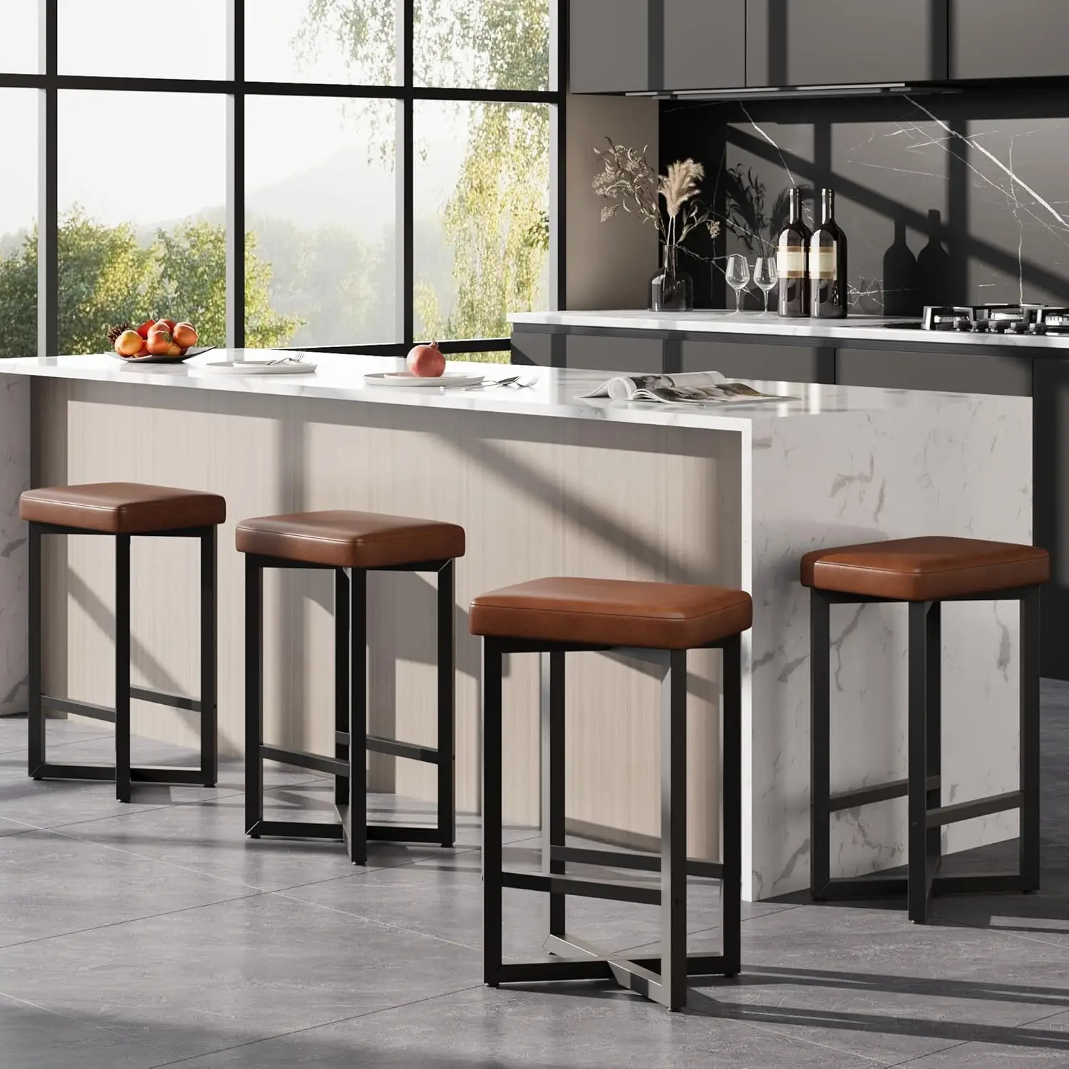 Moderne Barhocker 4er-Set Rückenfreies Design, Gepolsterte PU-Leder-Sitzfläche, Robustes Metallgestell Mit Fußstütze, Küchenhocker für Theke, Esszimmer & Hausbar