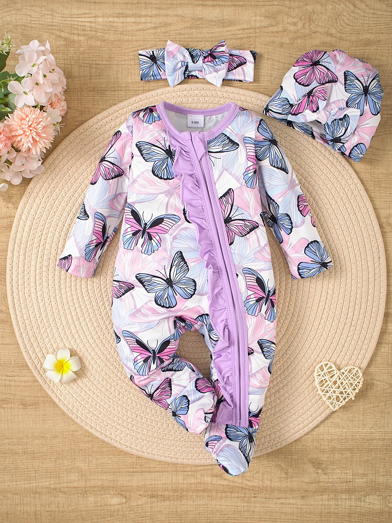 Frühlings- und Sommer-Einteiler-Set für Neugeborene mit Reißverschluss und Füßen, einschließlich Mütze und Schal, dreiteiliges Set Image
