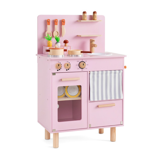 Costway Wooden Play Kitchen for Kids Toddler Kitchen Playset with Stoves Faucet Sink-Pink
