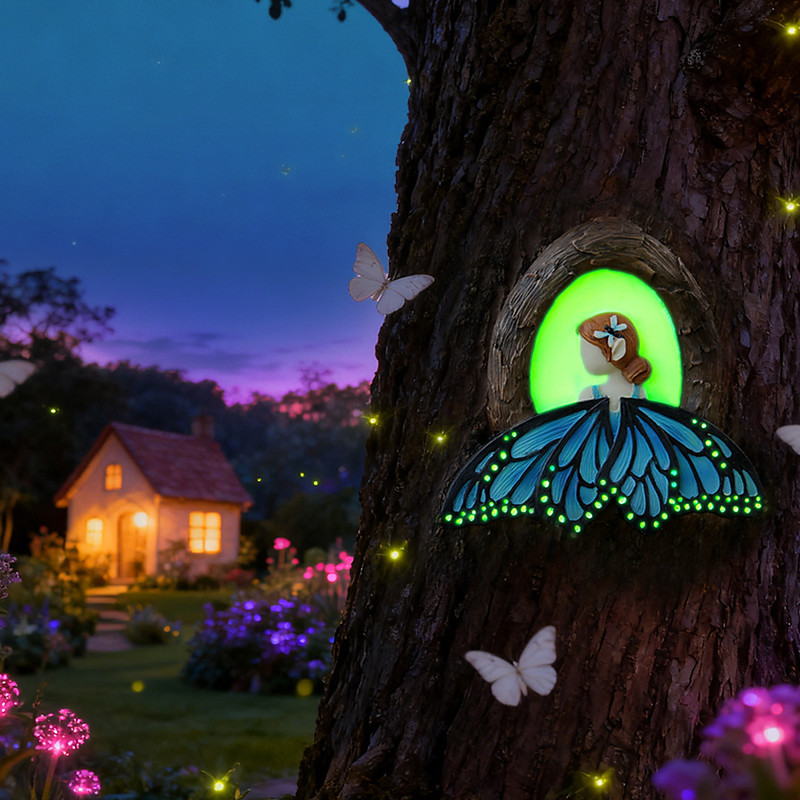 Fairy Tree Hugger Garden Decor, Resin Glowing Butterfly Fairy Welcome Sign, Outdoor Tree Decorations for Garden Yard Patio Front Door Wall, Glow in the Dark Garden Statue for Lawn Porch