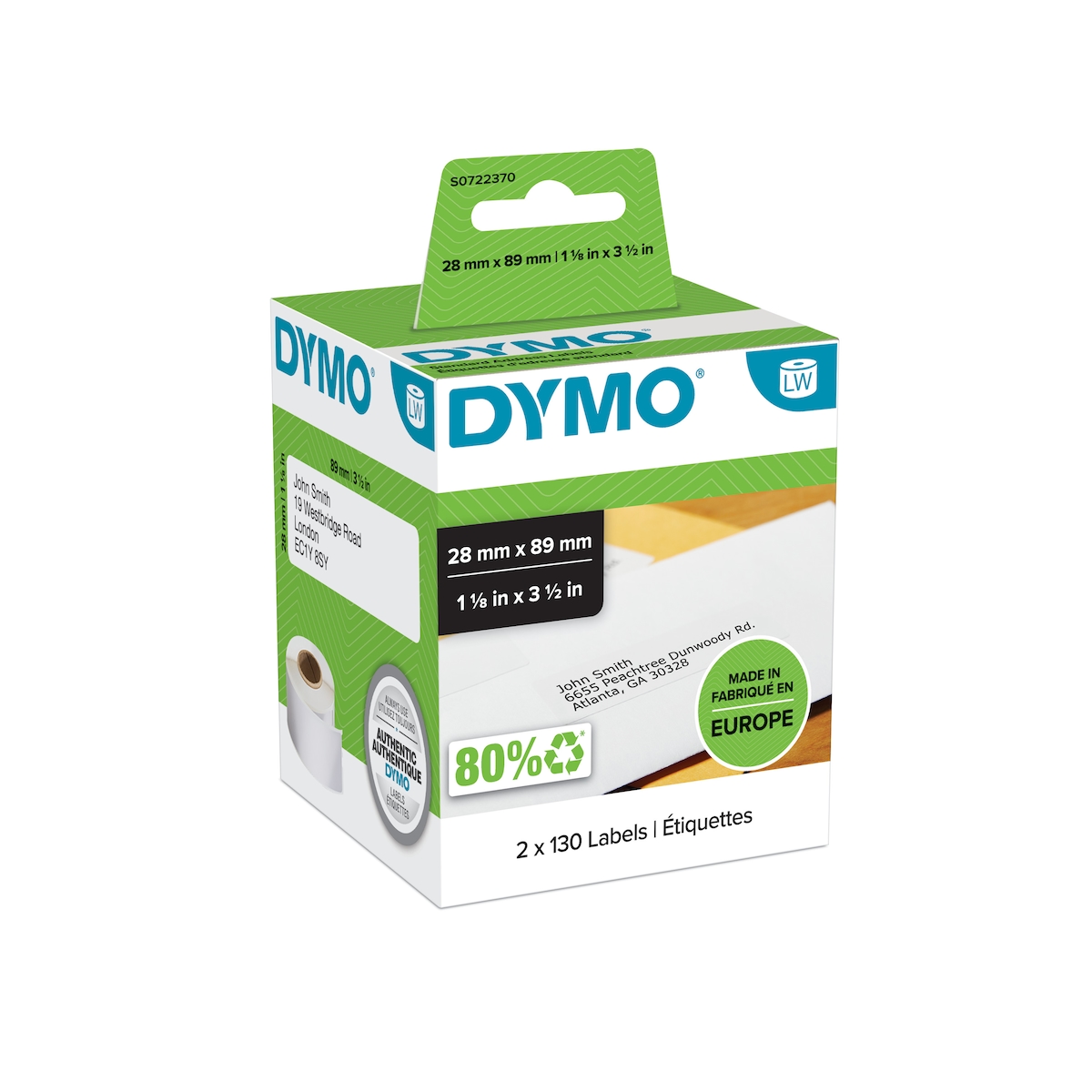 DYMO Original Etiketten für Labelwriter 28x89mm Adressen weiß permanent 2 x 130 Etiketten S0722370 Image