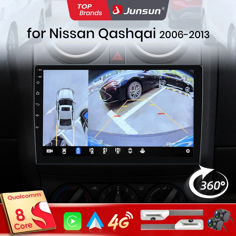 Junsun Qualcomm 8-Kern 360 ° Optionale Kamera, CarPlay, Android Auto Autoradio für Nissan Qashqai J10 2006 2007-2013, 2-DIN-Systeme, Stereo, GPS, SWC, Bluetooth, FM, RDS, DSP, IPS-Bildschirm, intelligente Fahrzeugsysteme, KI-Sprachsteuerung, 4G,... Image