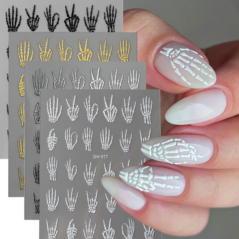Halloween-Schädel-Nagelkunst-Aufkleber – selbstklebende 3D-Nagelaufkleber, Cartoon-Schädel-Handknochen-Muster für festliche Nageldesigns Image