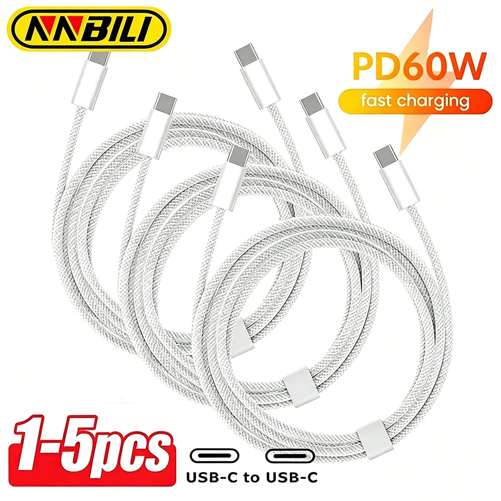 NNBILI 1/5 Stück USB-C-auf-Typ-C-Kabel, schnelles Lade- und Datenkabel, 60 W, für iPhone Pro, Huawei, Samsung, Xiaomi, gewebtes Datenkabel, Ladekabel, 1 m Image
