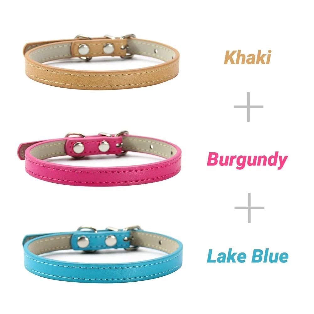 Three Piece Soft PU Leather Cat Collar Set Solid Color Adjustable For Kittens Puppies Chihuahuas 06 s 3 Pcs