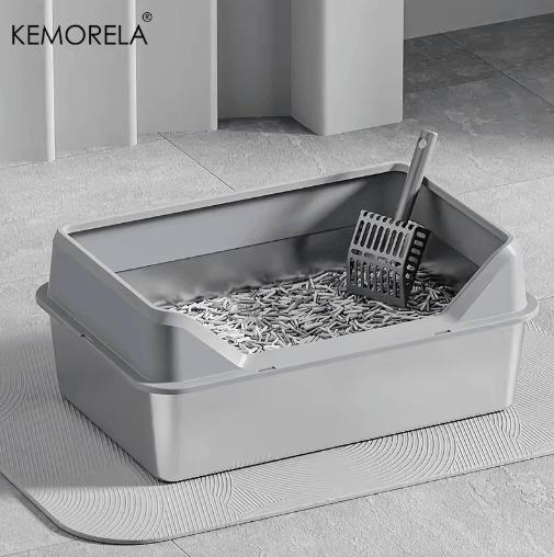 KEMORELA XL Stainless Steel Cat Litter Box With Lid And High Sides khaki 60cm