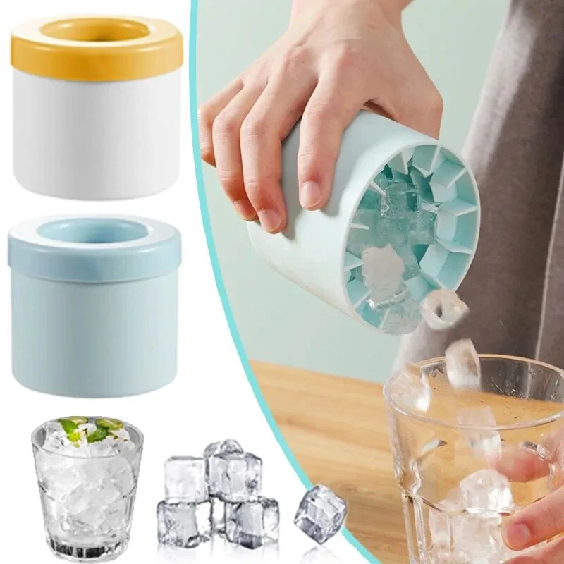 Silicone Round Ice Cube Mold & Bucket DIY Ice Maker For Homemade Drinks 1pc Yellow