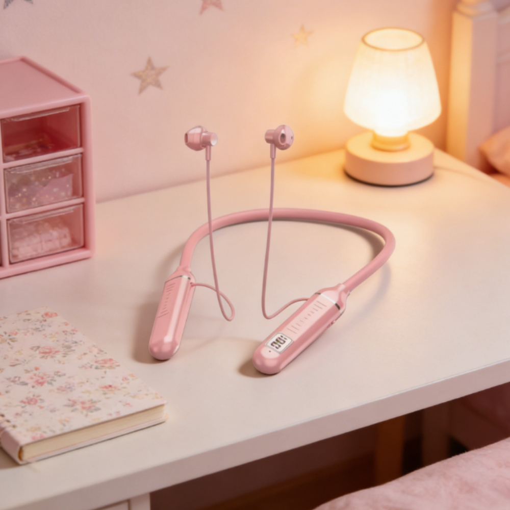 LED Neckband Bluetooth Headphones With Mic TF Card Support For Sports And Gaming pink