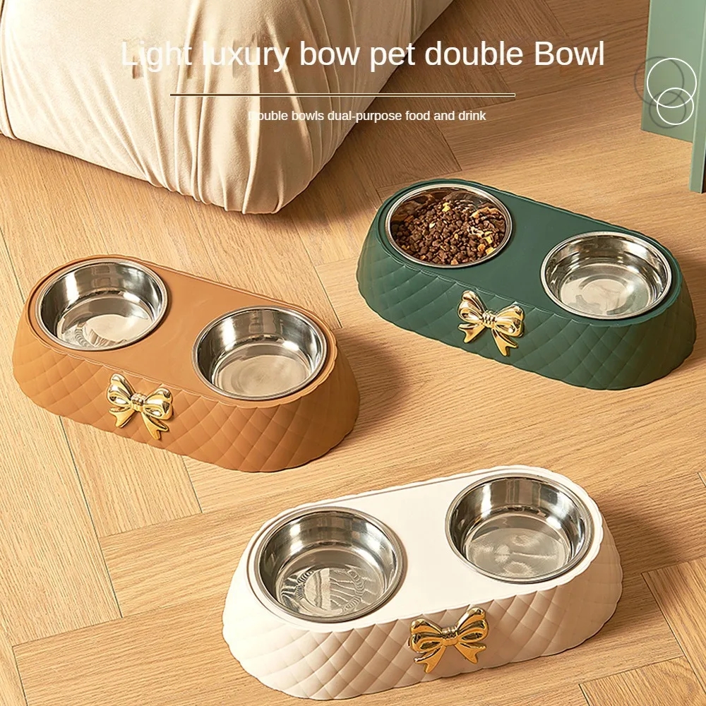 Pet Supplies Bow Tie Bowknot Cats Food Bowl PP Base Dog Bowl Stainless Steel Double Pet Accessories Feeding Drinking Dou white
