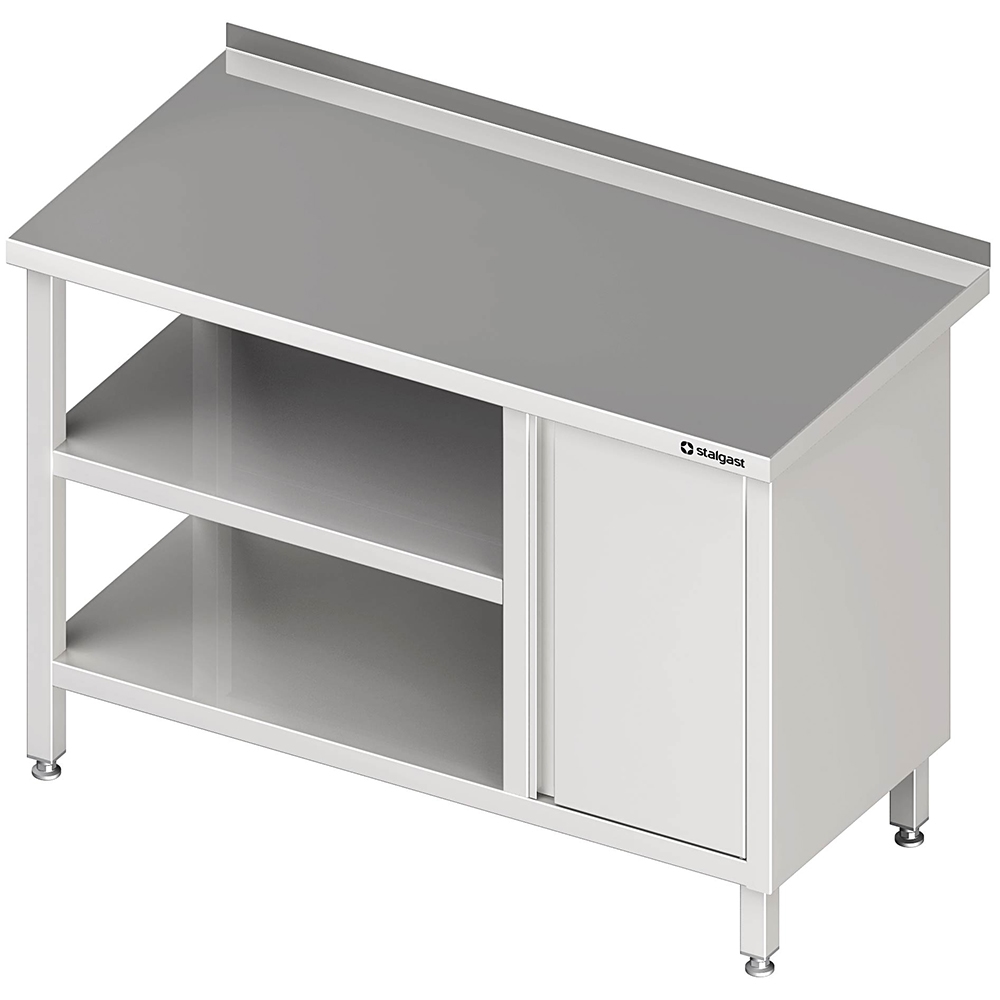 Stalgast Edelstahl Arbeitstisch mit Grund- und Zwischenboden, 1200x700x850 mm, mit Flügeltürschrank rechts, mit Aufkantung, verschweißt Image