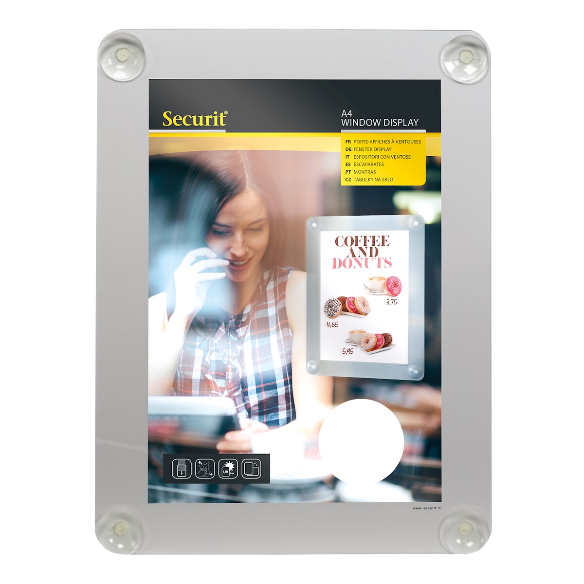 Securit® Plakathalter A4 für Schaufenster - Grau - Mit 4 Saugnäpfen - Beidseitig Image