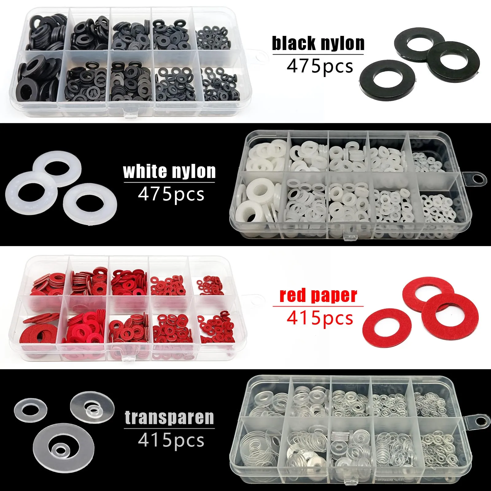 415/475-teiliges Set: Transparente rote Nylon-Unterlegscheiben, Distanzringe und Isolierdichtungen aus Stahl und Kunststoff (M2, M2.5, M3, M4, M5, M6, M8) im Box-Set Image