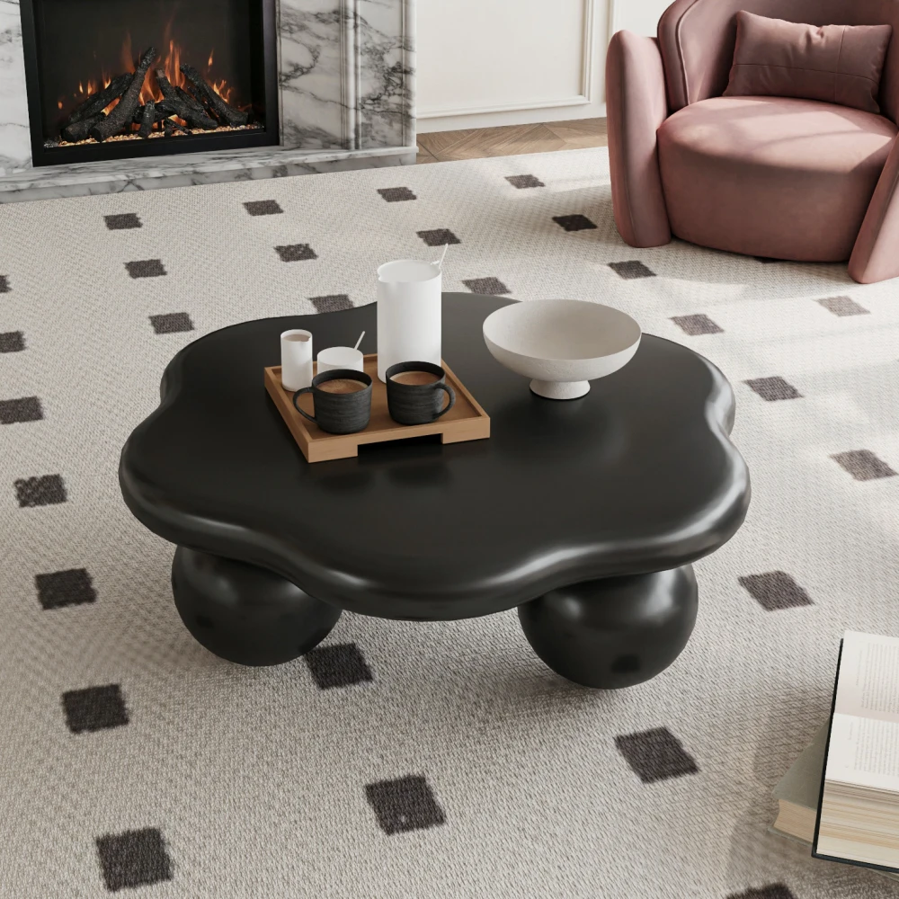 80 cm schwarzer wolkenförmiger Couchtisch, blütenblattförmiger moderner minimalistischer Couchtisch mit kugelförmigen Beinen, matt-schwarzer, kinder- und haustierfreundlicher, platzsparender Image