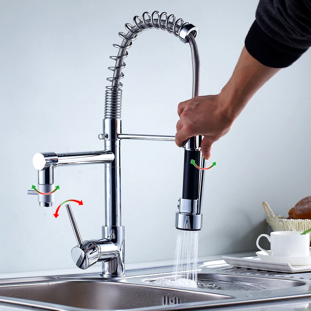 Küchenarmatur Chrom, Vertikale Feder Schirm-Form Wasserhahn Küche 360 Drehbar, Doppel-Auslass Herausziehbar Kalt Warmwasser Einhandmischer, Messing Kern Spültischarmatur DVGW G3/8 PEX Schlauch,