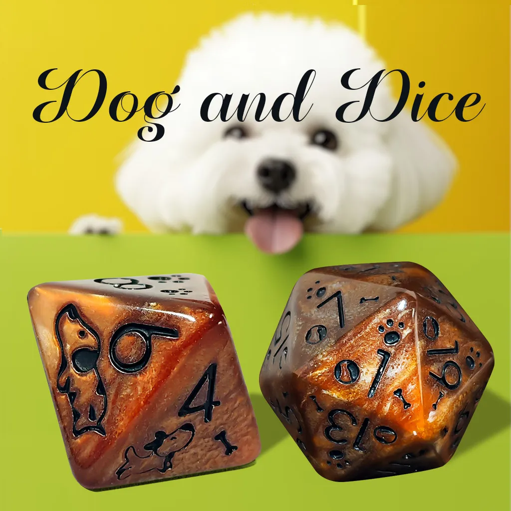 Niedliches Welpenpfoten-Acryl-Polyeder-Würfelset, 7-teilig, braun gewirbelte DND RPG Würfel mit Hundemuster für Dungeons & Dragons TRPG Image