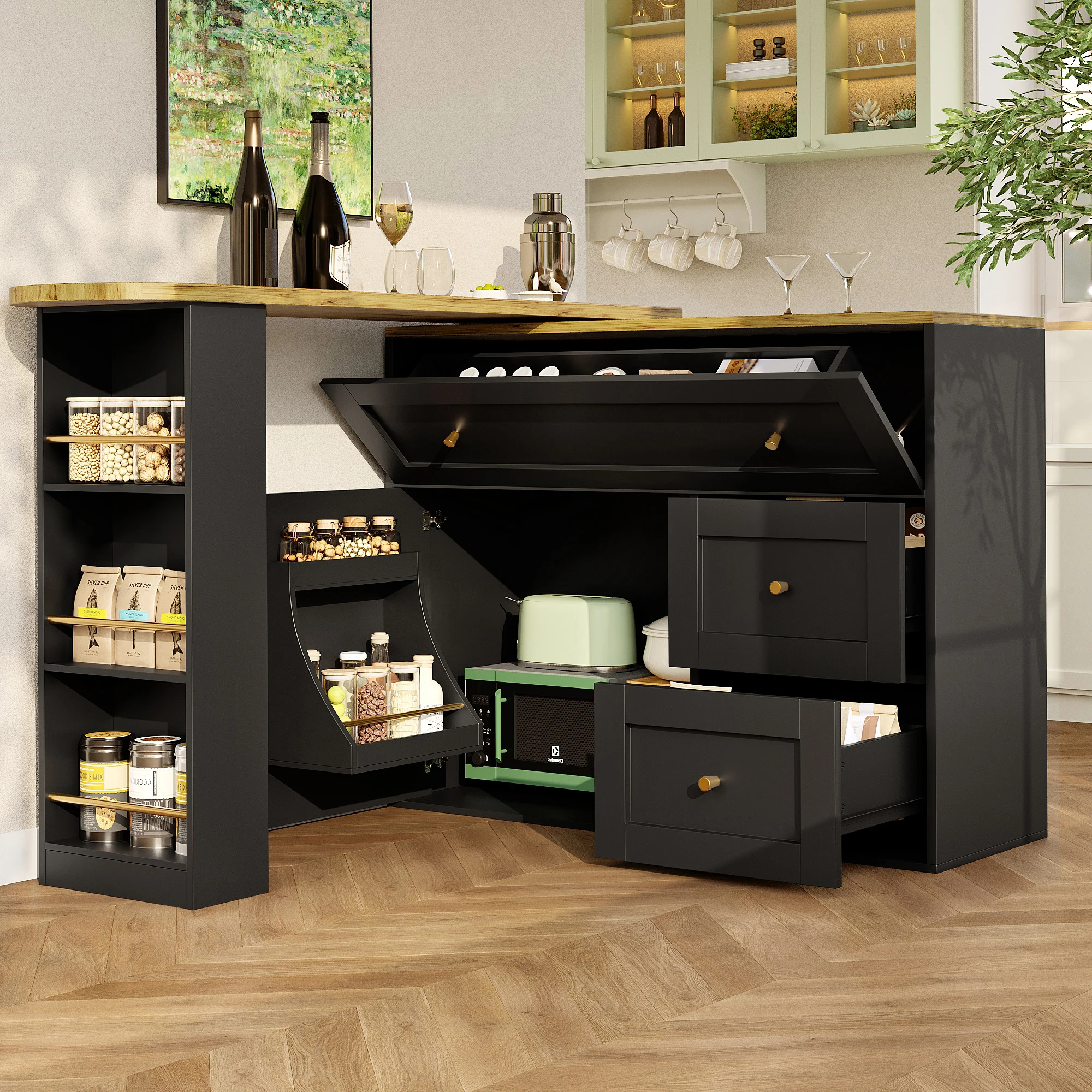 Ausziehtisch mit Stauraum und 360° drehbarer Platte für Küche 138-204×39×105 cm aus MDF und Metall Schwarz